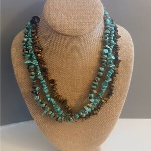 BOHO Statement Turquoise Tiger Eye Triple Strand Necklace 18 Inches
